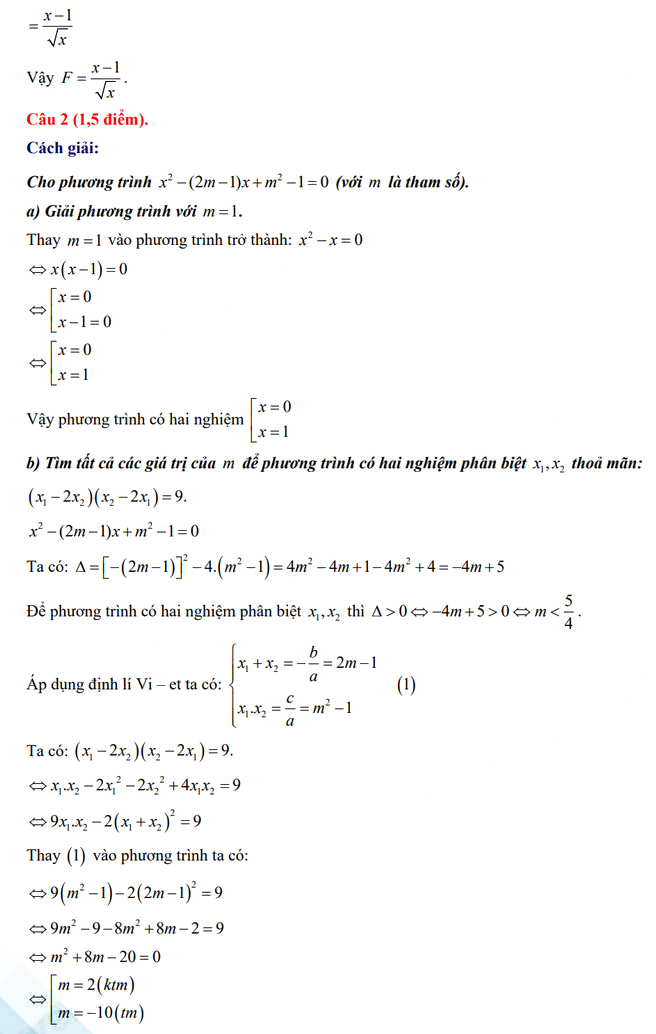 Đáp án đề thi tuyển sinh lớp 10 môn Toán 2024-2025 Nam Định