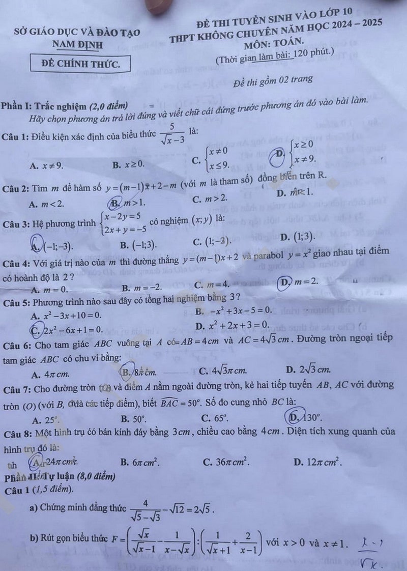 Đáp án đề thi tuyển sinh lớp 10 môn Toán 2024-2025 Nam Định