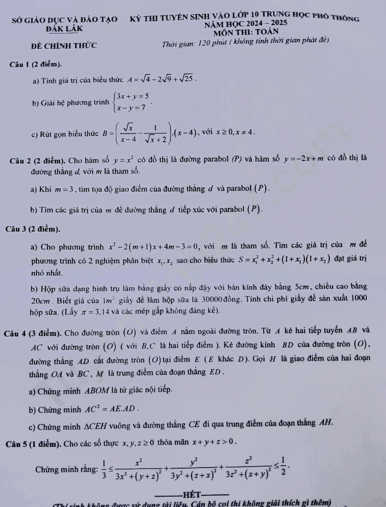 Đề thi tuyển sinh lớp 10 môn Toán Đắk Lắk 2024-2025