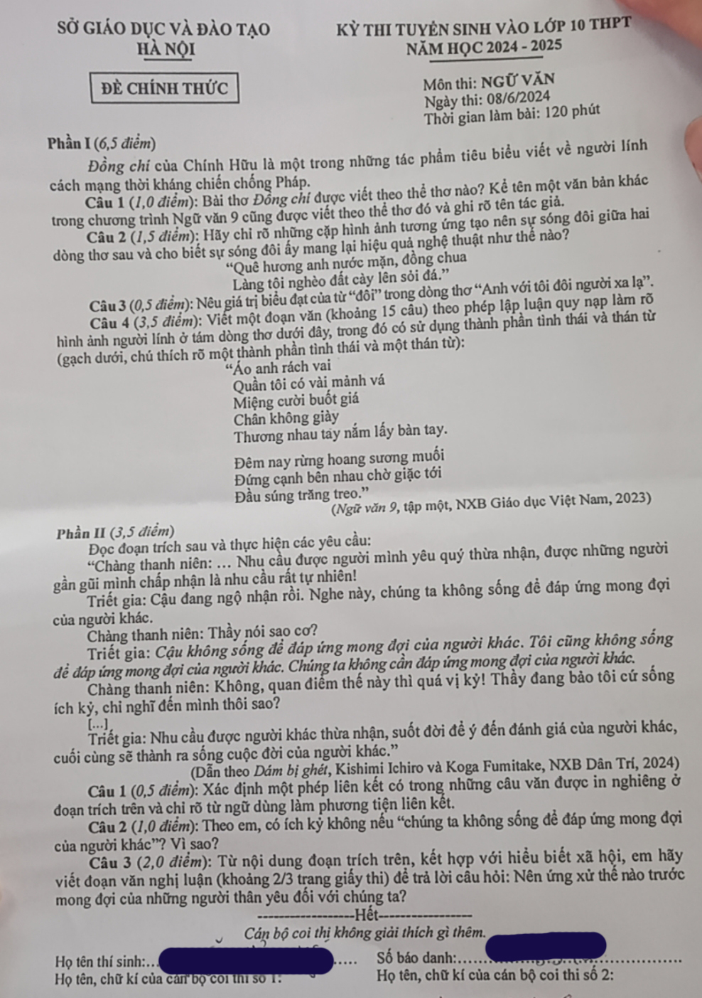 Đề thi vào 10 môn Văn Hà Nội 2024