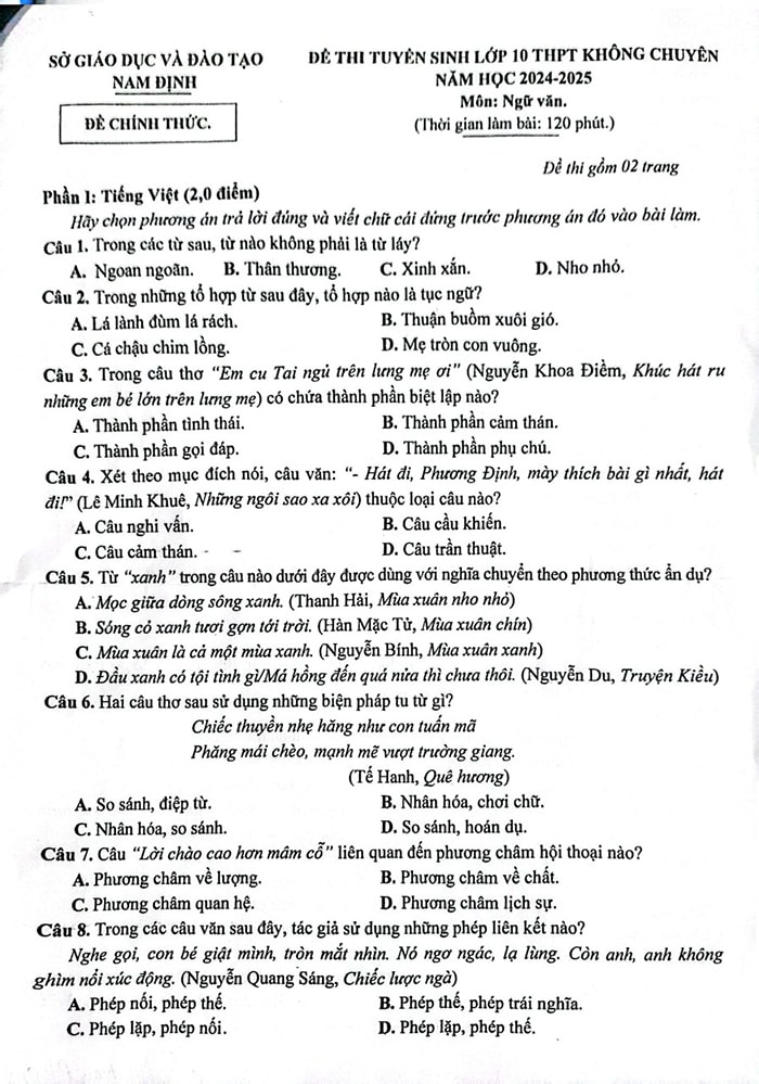 Đề thi tuyển sinh lớp 10 môn Văn Nam Định 2024-2025