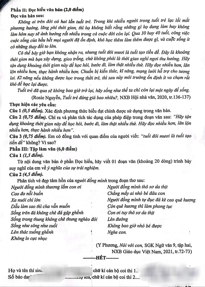 Đề thi tuyển sinh lớp 10 môn Văn Nam Định 2024-2025