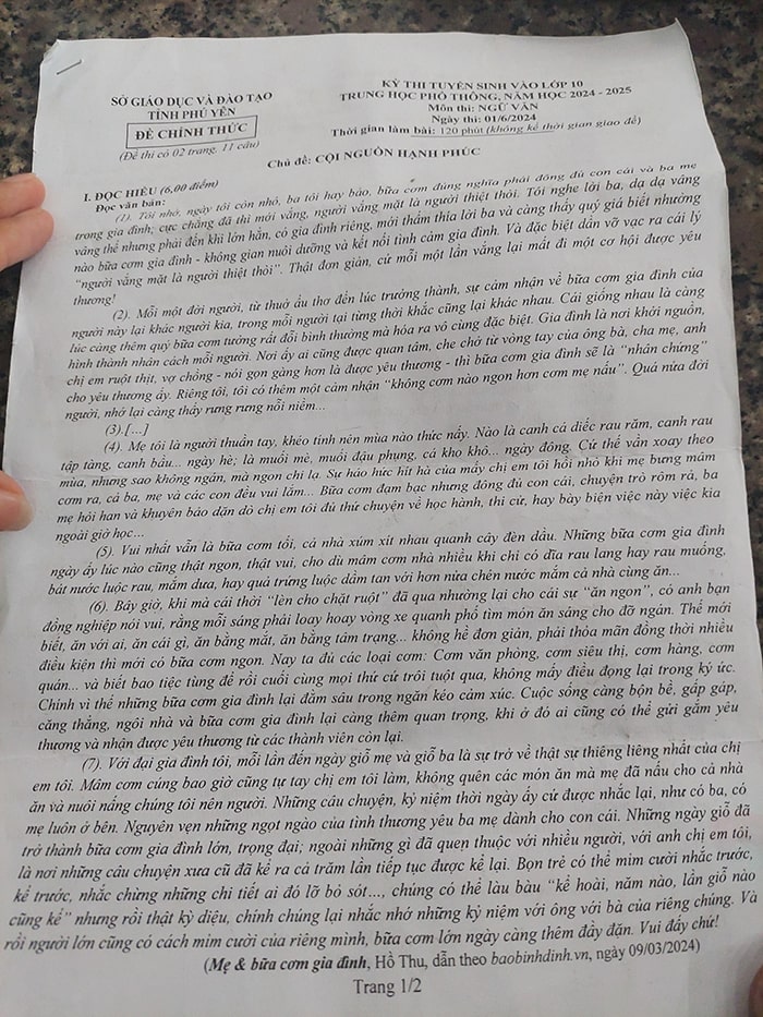 Đề Văn tuyển sinh lớp 10 năm 2024 Phú Yên