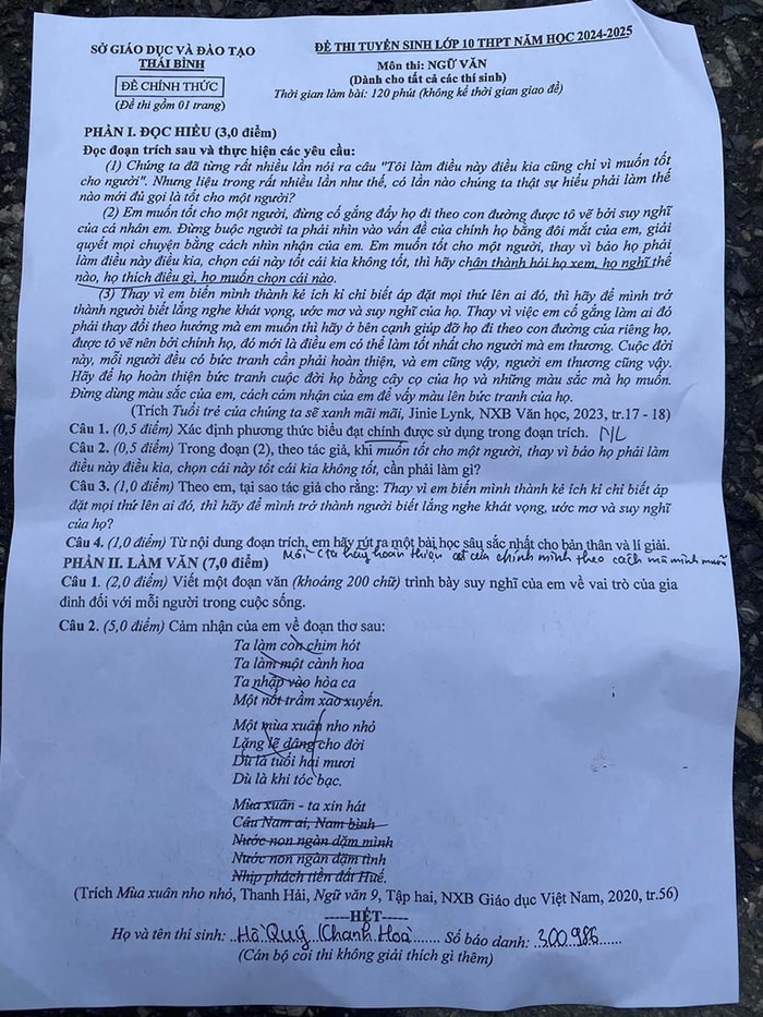 Đề thi Ngữ văn tuyển sinh lớp 10 Thái Bình 2024