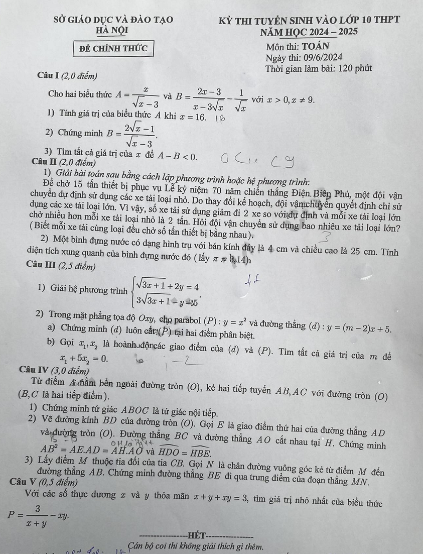 Đề thi vào 10 môn Toán Hà Nội 2024