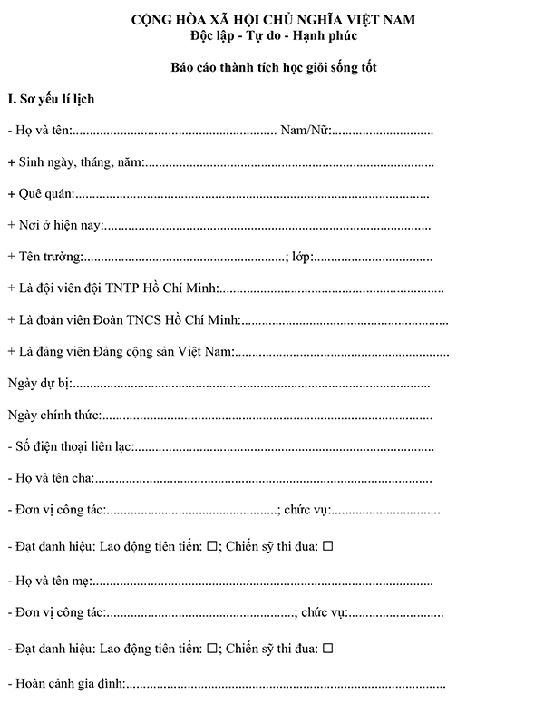 Mẫu báo cáo thành tích học giỏi sống tốt mới nhất