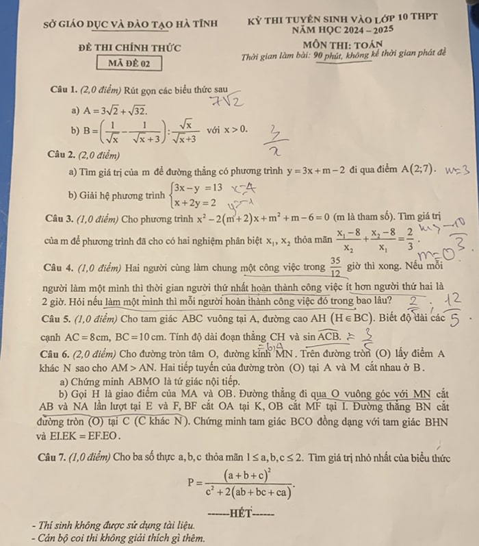 Đề thi tuyển sinh lớp 10 môn Toán Hà Tĩnh 2024