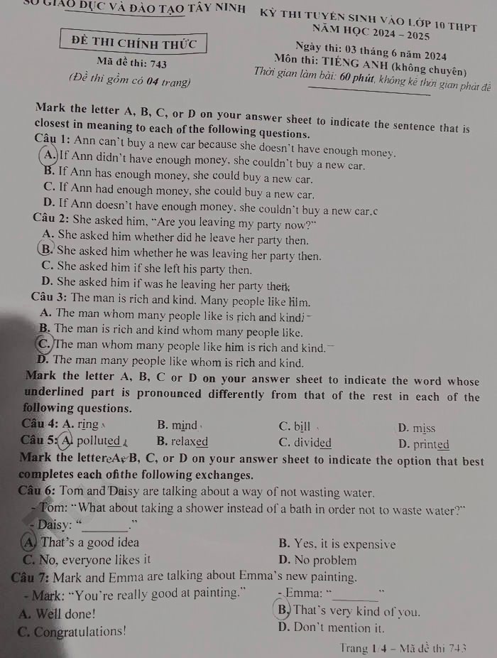 Đề thi tuyển sinh lớp 10 môn Anh Tây Ninh 2024-2025