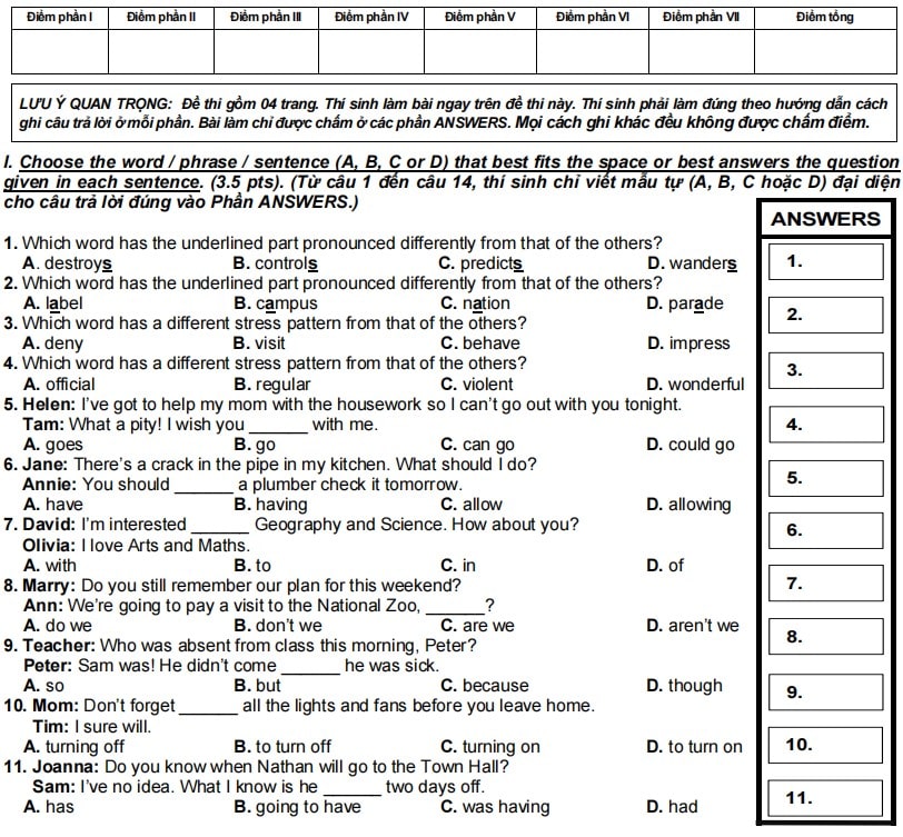 Đề tuyển sinh 10 môn Anh TPHCM 2024