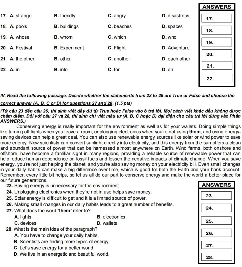 Đề tuyển sinh 10 môn Anh TPHCM 2024