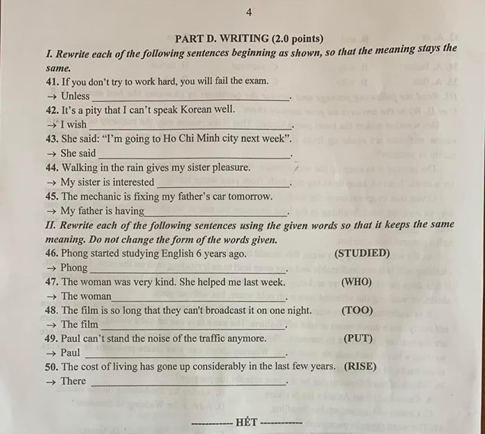 Đề thi tuyển sinh lớp 10 môn tiếng Anh Thanh Hóa 2024