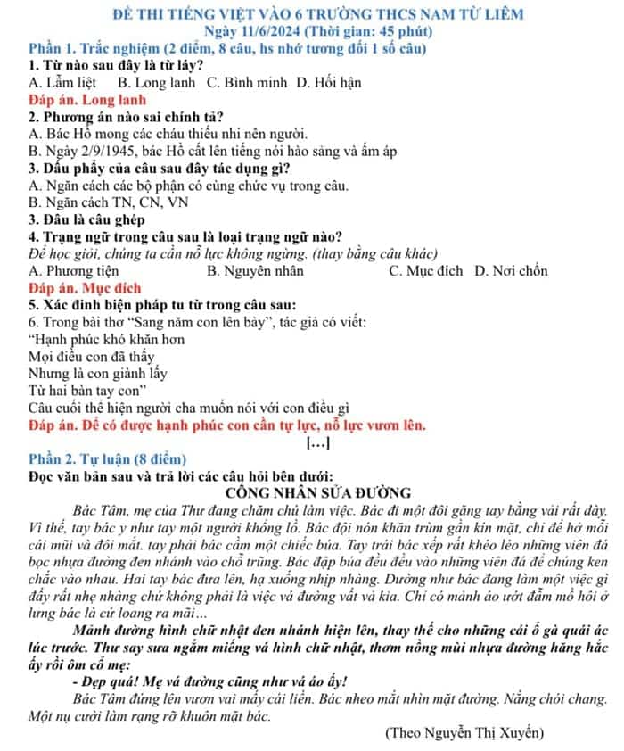 Đáp án đề thi vào lớp 6 môn Tiếng Việt trường Nam Từ Liêm 2024-2025