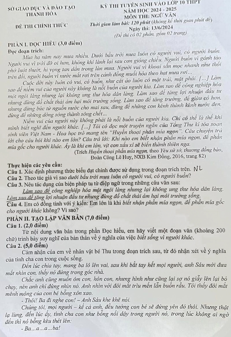 Đề thi tuyển sinh lớp 10 môn Văn Thanh Hóa 2024