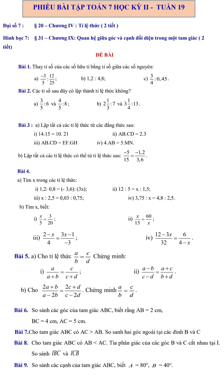 Phiếu bài tập cuối tuần Toán 7 Kết nối tri thức kì 2