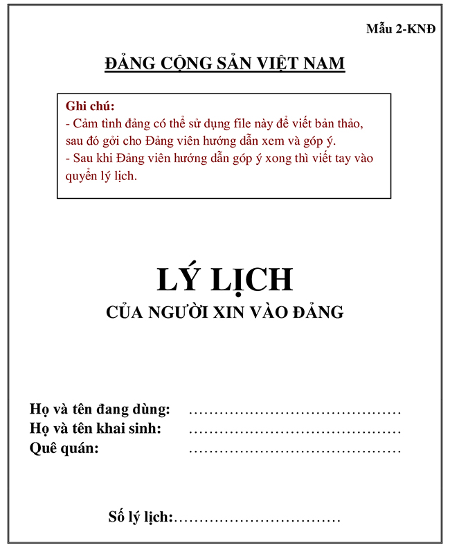 Mẫu đơn xin vào Đảng (Mẫu 2-KNĐ)