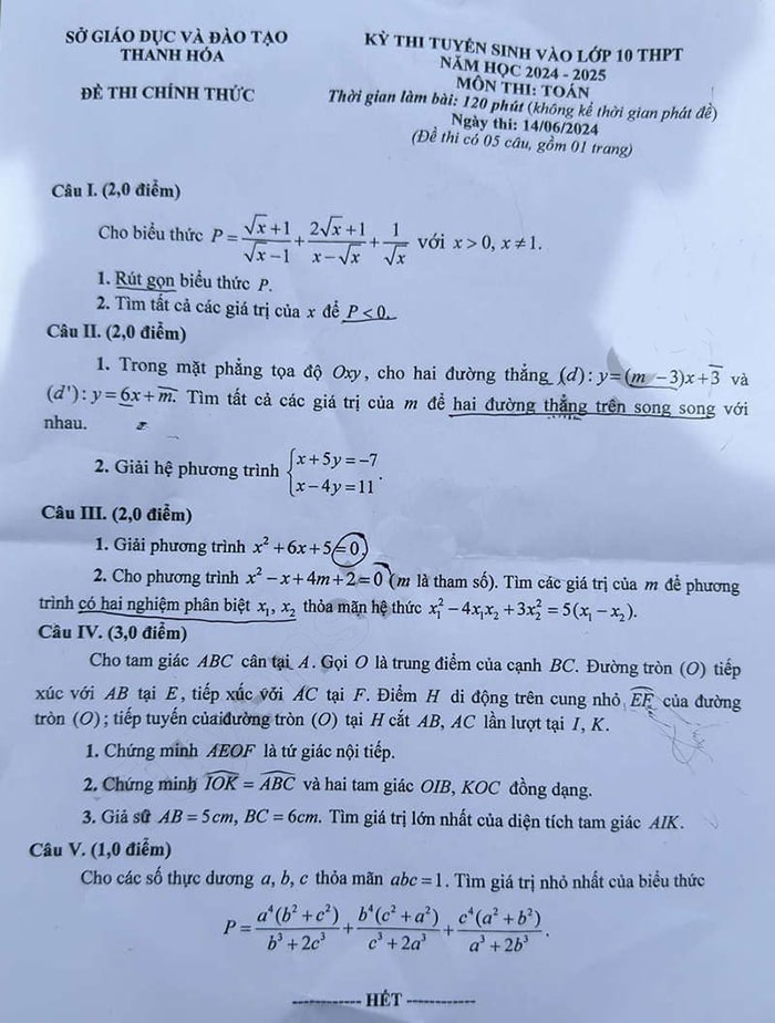 Đáp án đề thi tuyển sinh lớp 10 Thanh Hóa 2024