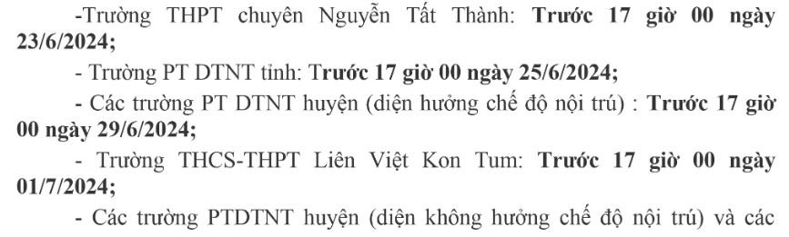 Lịch xét tuyển sinh vào 10 Kon Tum 2024