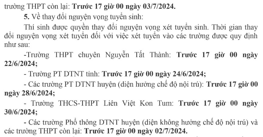 Lịch xét tuyển sinh vào 10 Kon Tum 2024