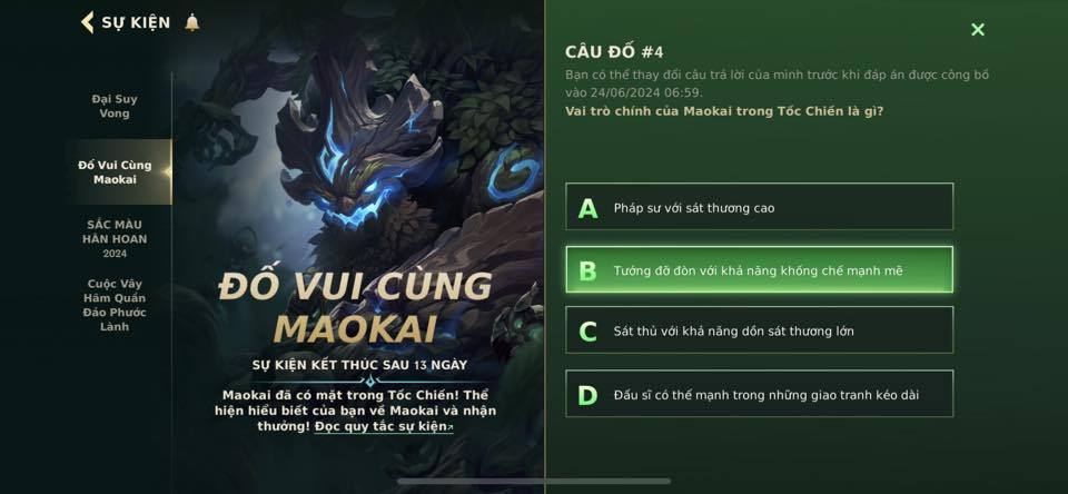 Đáp án Maokai Tốc Chiến