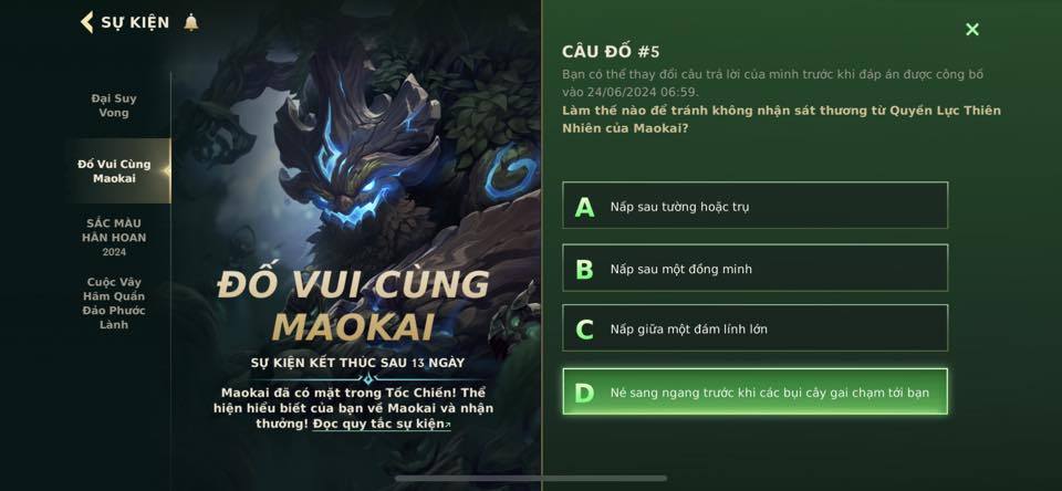 Đáp án sự kiện Đáp án Đố Vui Cùng Maokai 