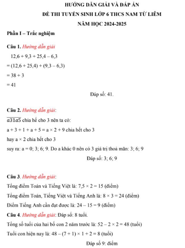 Đáp án Đề thi tuyển sinh vào lớp 6 môn Toán trường Nam Từ Liêm 2024