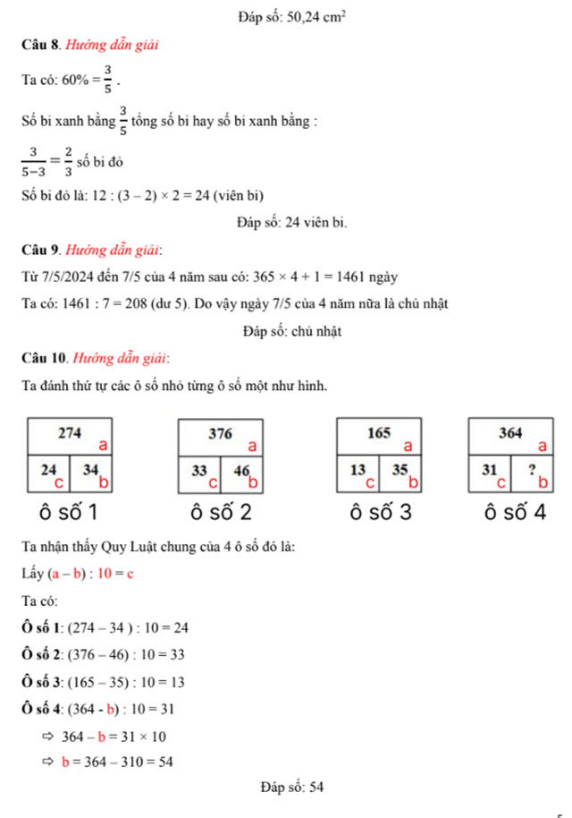 Đáp án Đề thi Toán vào lớp 6 trường Nam Từ Liêm 2024