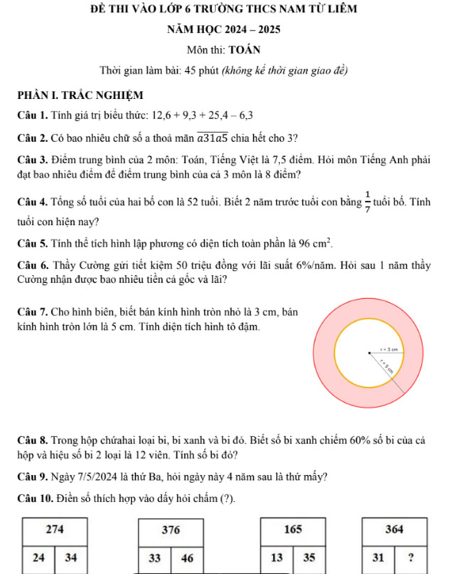 Đề thi Toán vào lớp 6 trường Nam Từ Liêm 2024