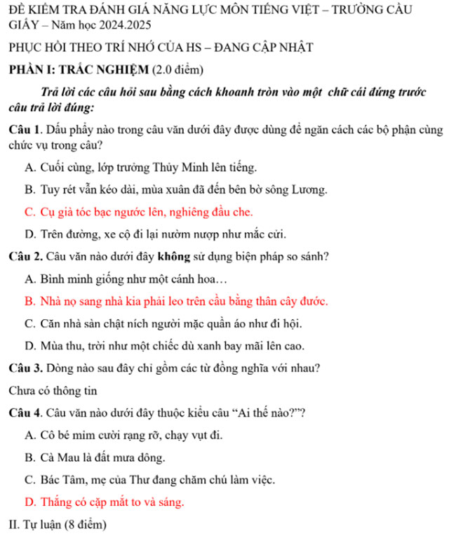 Đáp án đề thi Tiếng Việt vào lớp 6 trường Cầu Giấy 2024