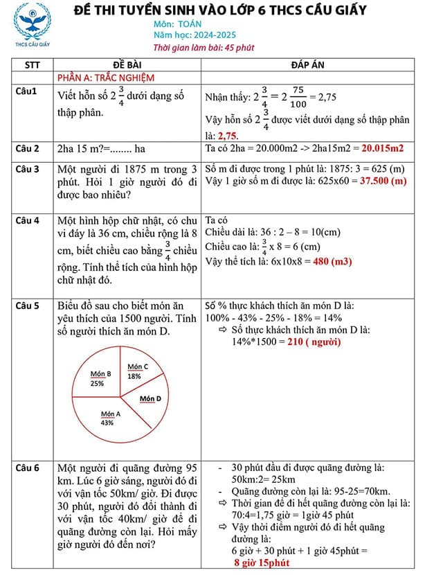 Đáp án Đề thi tuyển sinh vào lớp 6 môn Toán trường THCS Cầu Giấy 2024-2025