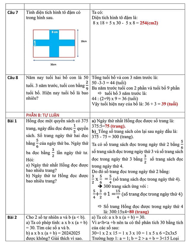 Đáp án Đề thi tuyển sinh vào lớp 6 môn Toán trường Cầu Giấy 2024