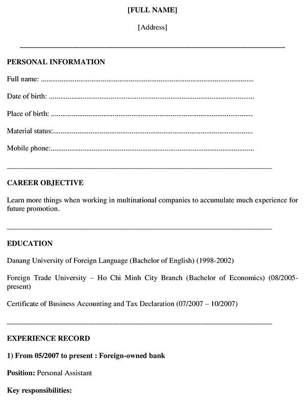 Mẫu CV xin việc bằng Tiếng Anh