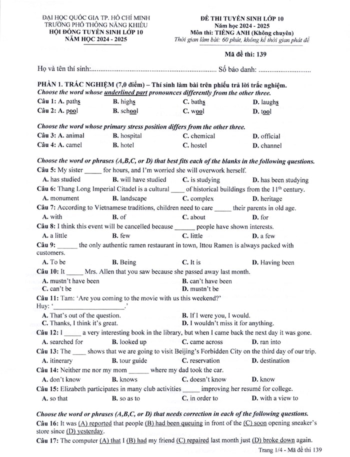  Đề thi tuyển sinh lớp 10 THPT Năng khiếu môn tiếng Anh 2024