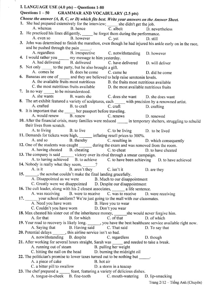  Đề thi chuyên Anh THPT Năng khiếu TP HCM 2024