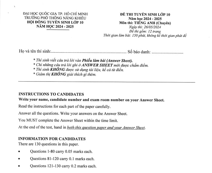  Đề thi chuyên Anh THPT Năng khiếu TP HCM 2024