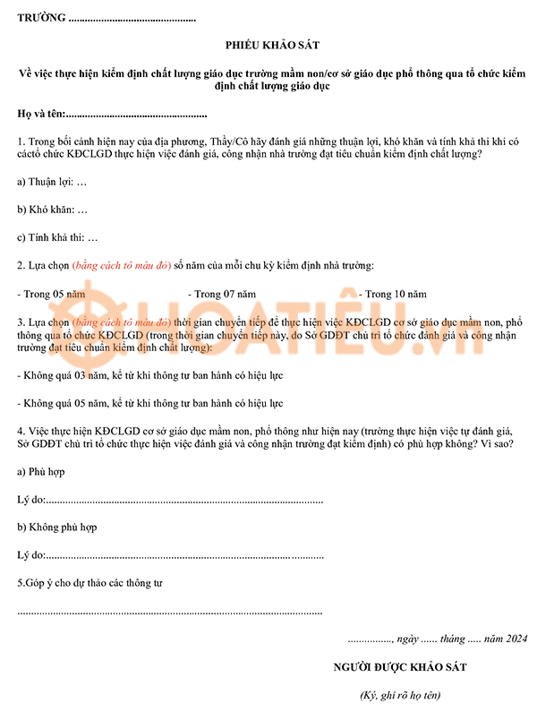 Phiếu khảo sát về việc thực hiện kiểm định chất lượng giáo dục mầm non/cơ sở giáo dục phổ thông qua tổ chức kiểm định chất lượng giáo dục