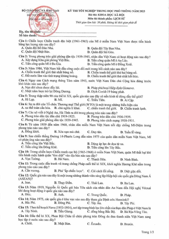 Đề thi Lịch sử THPT Quốc gia 2023