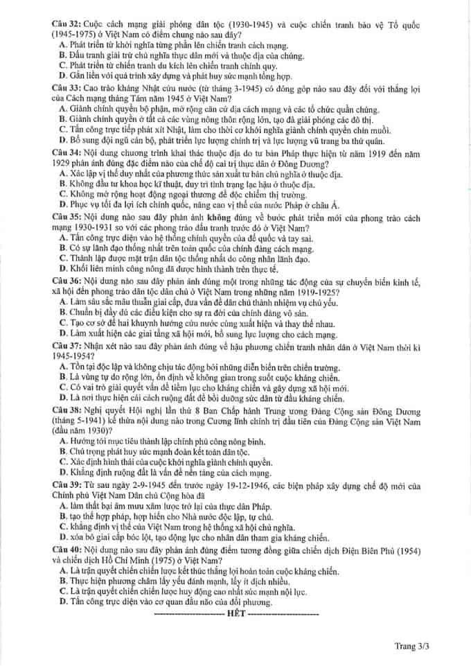 Đề thi Lịch sử THPT Quốc gia 2023