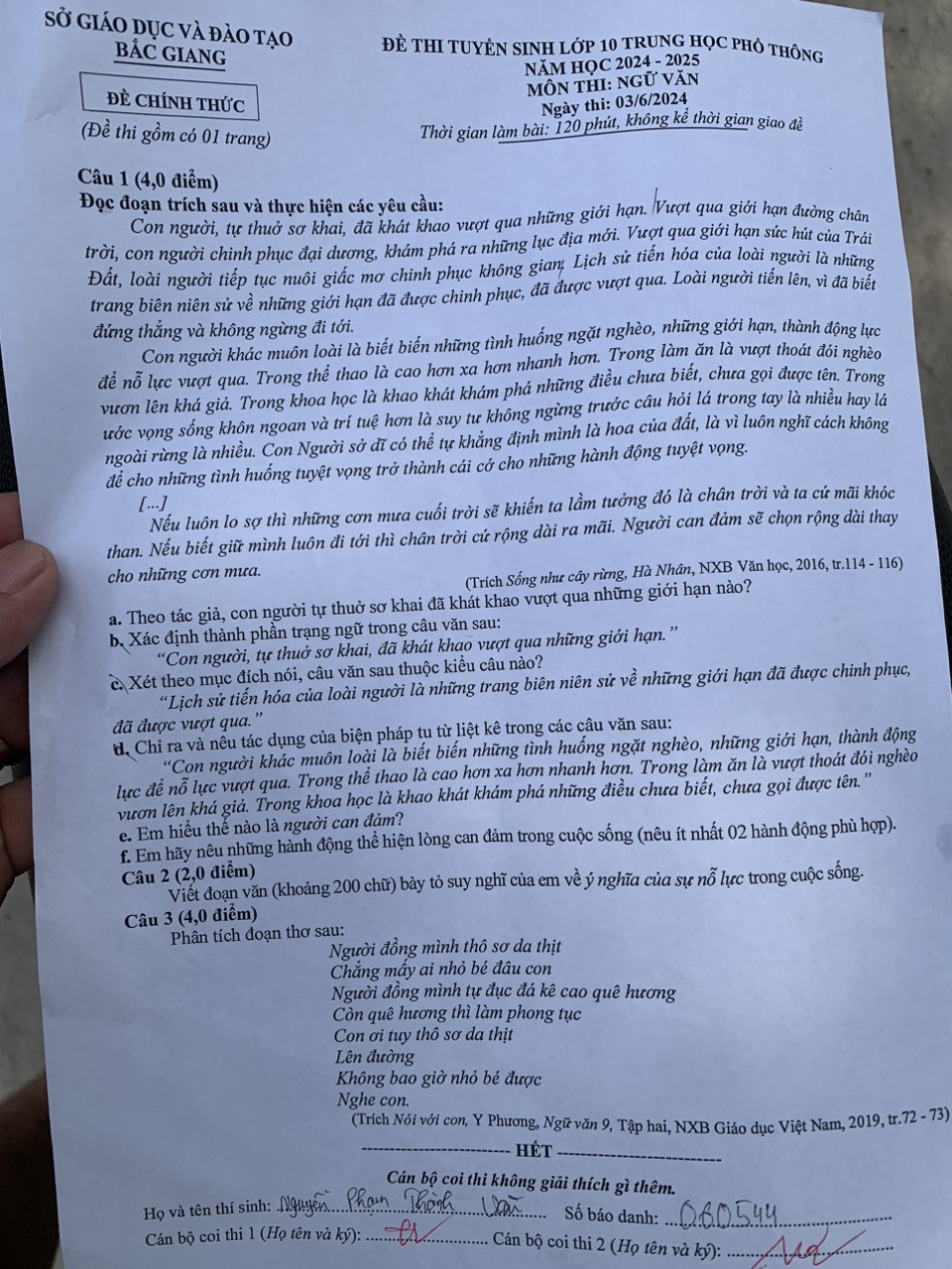  Đề thi Ngữ văn vào 10 Bắc Giang 2024