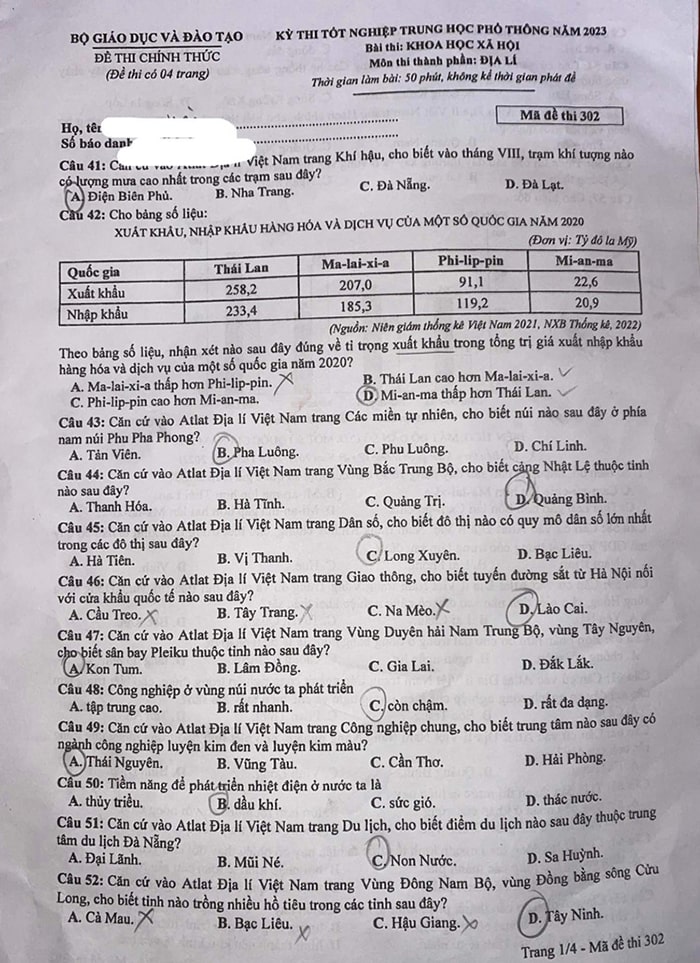 Đề thi Địa THPT quốc gia 2023 mã 302