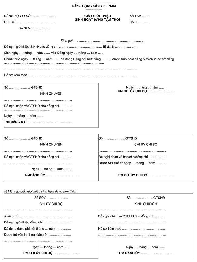 Mẫu chuyển sinh hoạt Đảng tạm thời