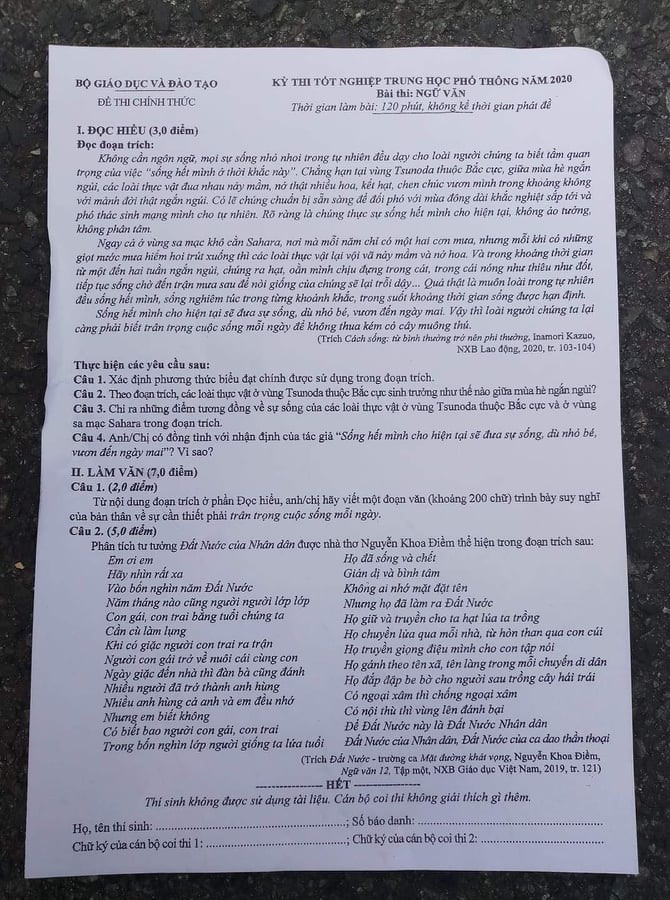 Đề thi THPT quốc gia 2020 môn Văn