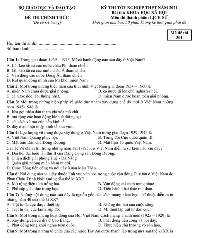 Đề thi Sử THPT quốc gia 2021