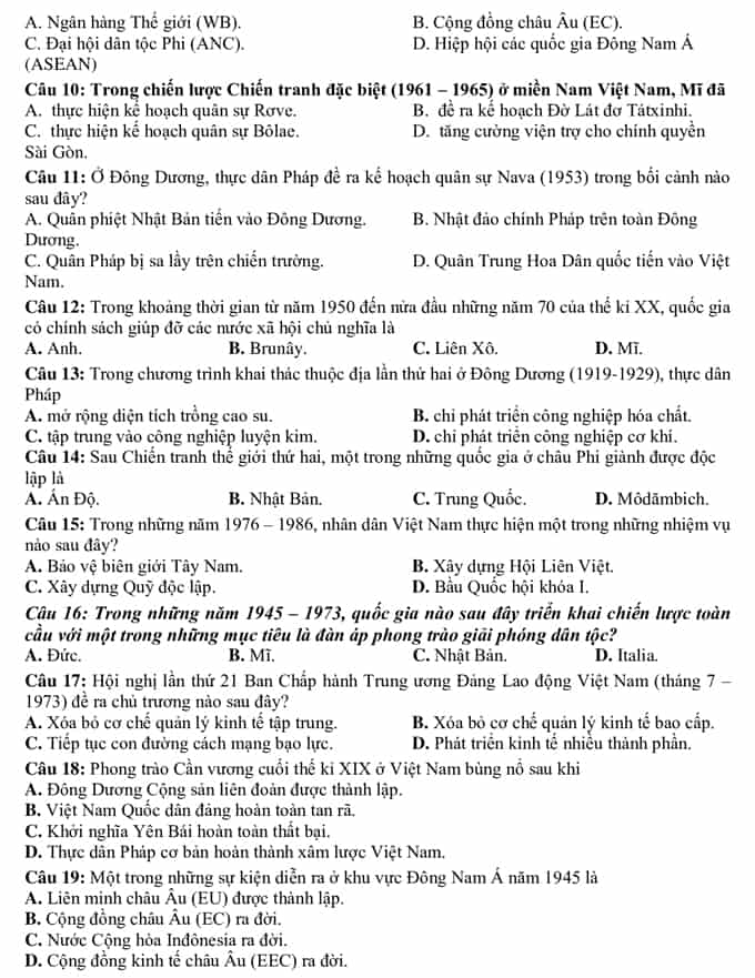 Đề thi Lịch sử THPT quốc gia 2021