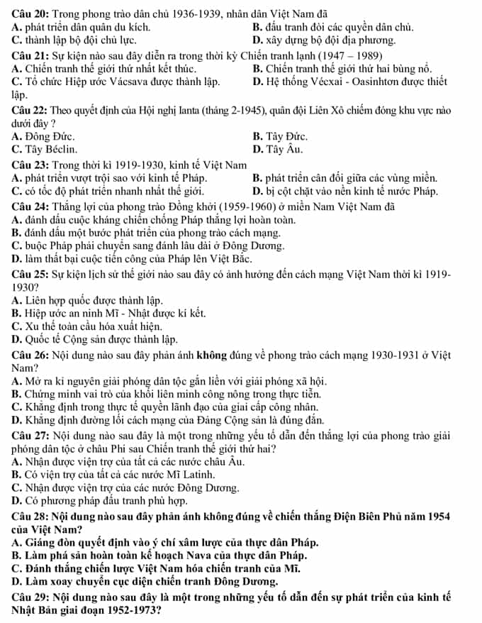 Đề thi Lịch sử THPT quốc gia 2021