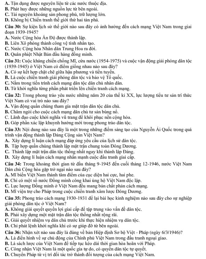 Đề thi chính thức THPT năm 2021 môn Lịch sử