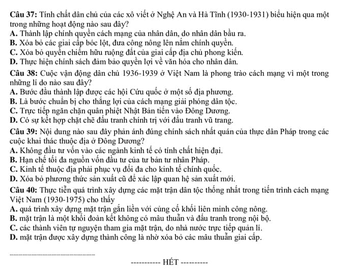 Đề thi chính thức THPT quốc gia môn Lịch sử năm 2021