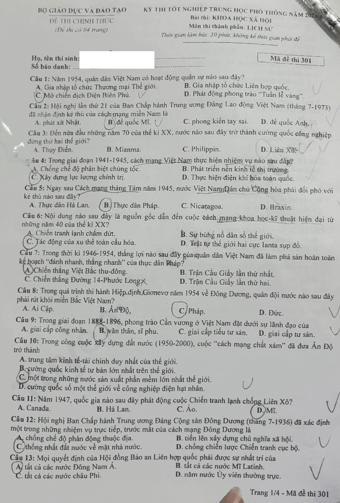 Đề thi THPT môn Lịch sử mã đề 301