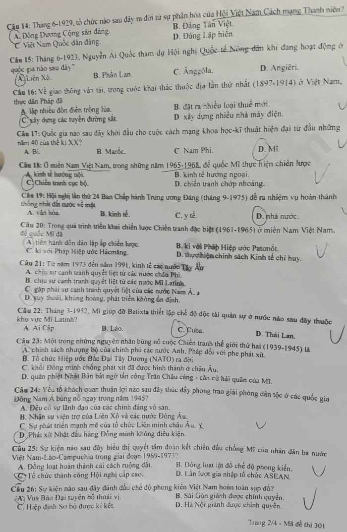 Đề thi THPT môn Lịch sử mã đề 301