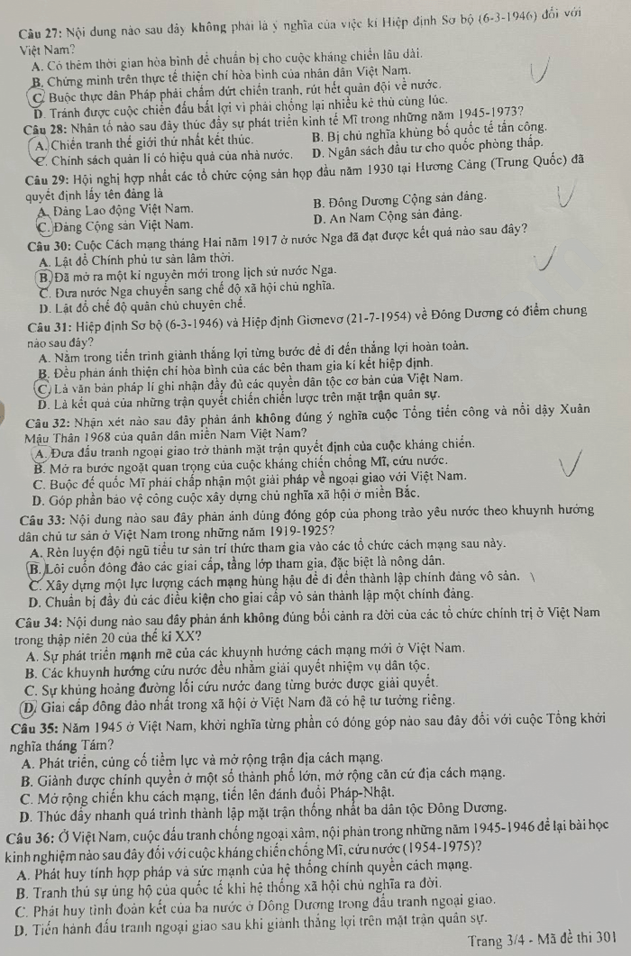 Đề thi THPT môn Lịch sử mã đề 301