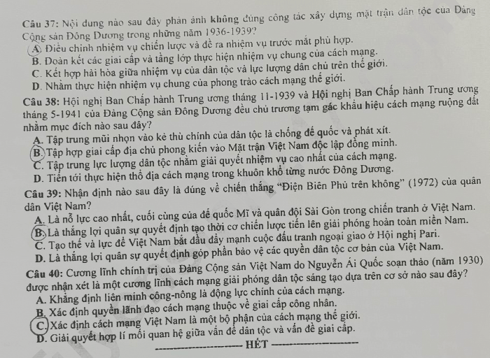 Đề thi THPT môn Lịch sử mã đề 301